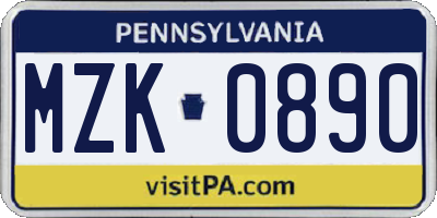 PA license plate MZK0890
