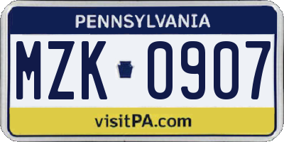 PA license plate MZK0907