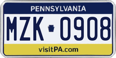 PA license plate MZK0908
