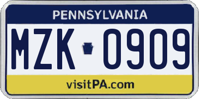 PA license plate MZK0909