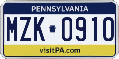 PA license plate MZK0910