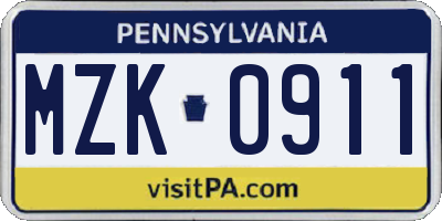 PA license plate MZK0911