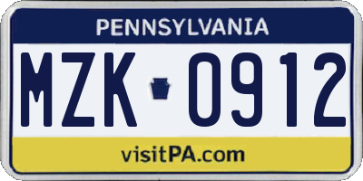 PA license plate MZK0912