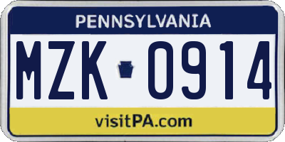 PA license plate MZK0914