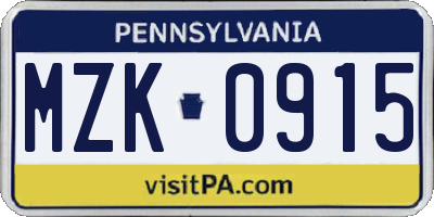 PA license plate MZK0915