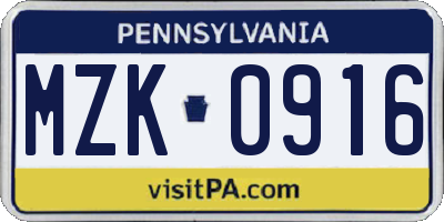 PA license plate MZK0916