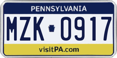PA license plate MZK0917
