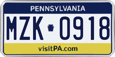 PA license plate MZK0918