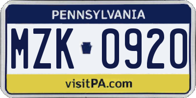 PA license plate MZK0920