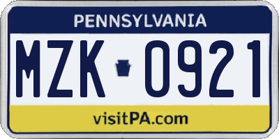 PA license plate MZK0921