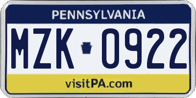 PA license plate MZK0922
