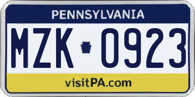 PA license plate MZK0923