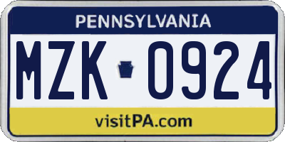 PA license plate MZK0924