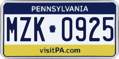 PA license plate MZK0925