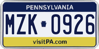 PA license plate MZK0926