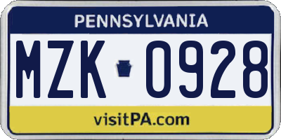 PA license plate MZK0928
