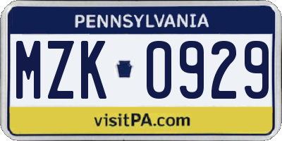 PA license plate MZK0929