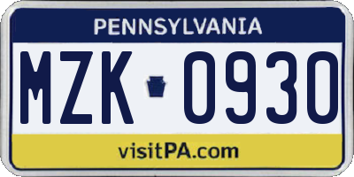 PA license plate MZK0930