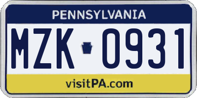 PA license plate MZK0931