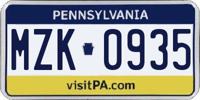 PA license plate MZK0935
