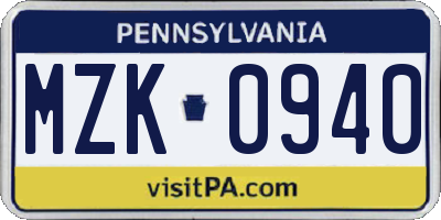 PA license plate MZK0940