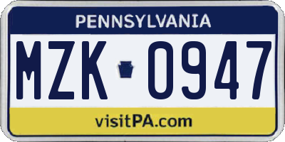 PA license plate MZK0947