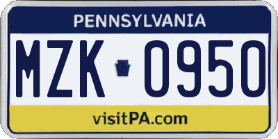 PA license plate MZK0950
