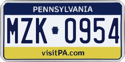 PA license plate MZK0954