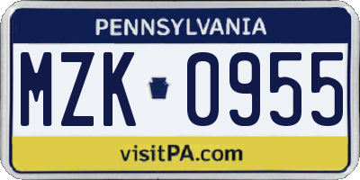 PA license plate MZK0955