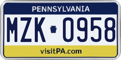 PA license plate MZK0958