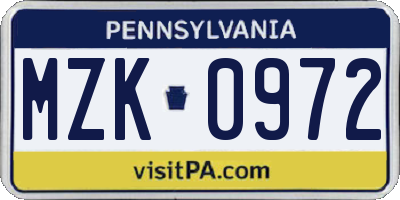PA license plate MZK0972