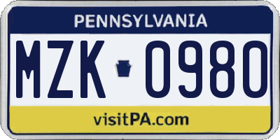 PA license plate MZK0980
