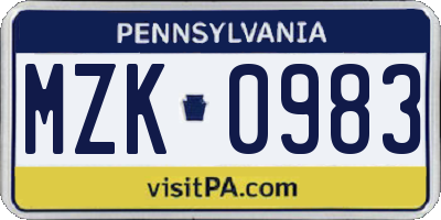 PA license plate MZK0983