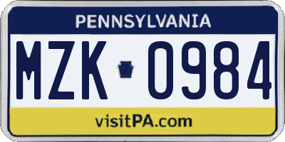PA license plate MZK0984