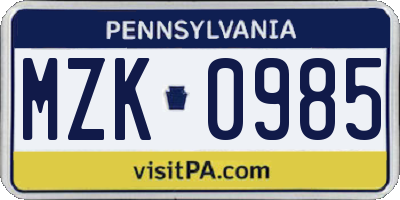 PA license plate MZK0985