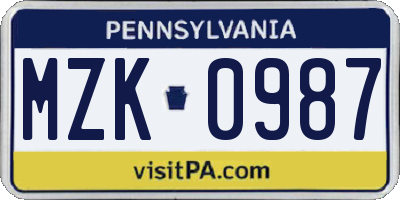 PA license plate MZK0987