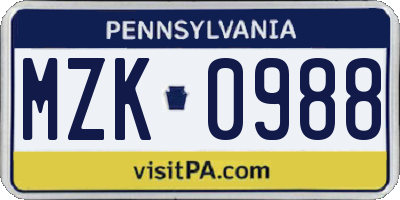 PA license plate MZK0988
