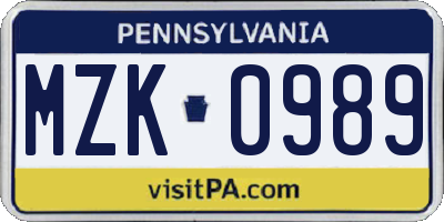PA license plate MZK0989