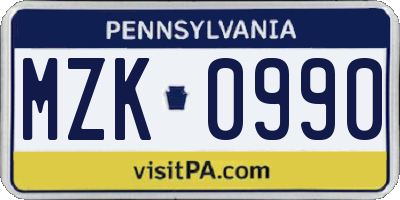 PA license plate MZK0990