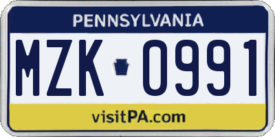 PA license plate MZK0991