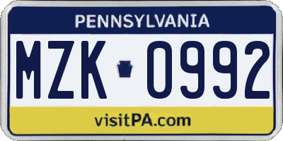 PA license plate MZK0992
