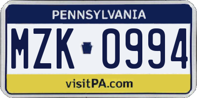 PA license plate MZK0994