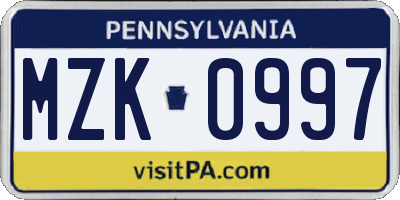 PA license plate MZK0997
