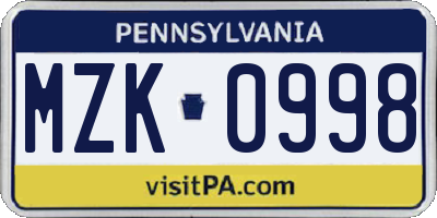 PA license plate MZK0998
