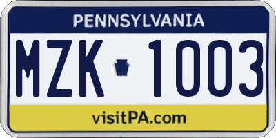 PA license plate MZK1003