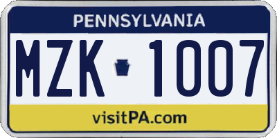PA license plate MZK1007