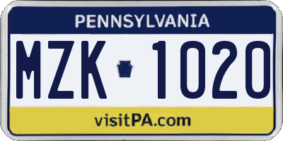 PA license plate MZK1020