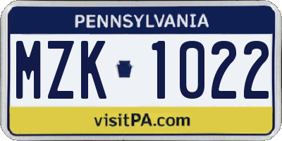 PA license plate MZK1022