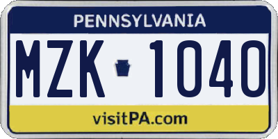 PA license plate MZK1040