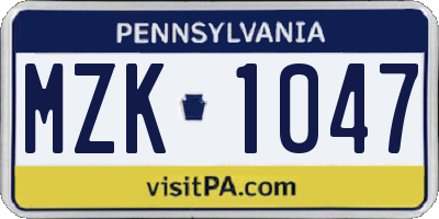 PA license plate MZK1047